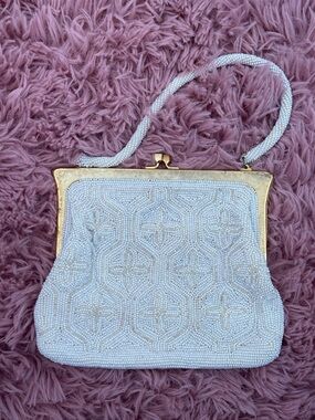Vintage 1950s Beaded White Evening Handbag with Gold Frame